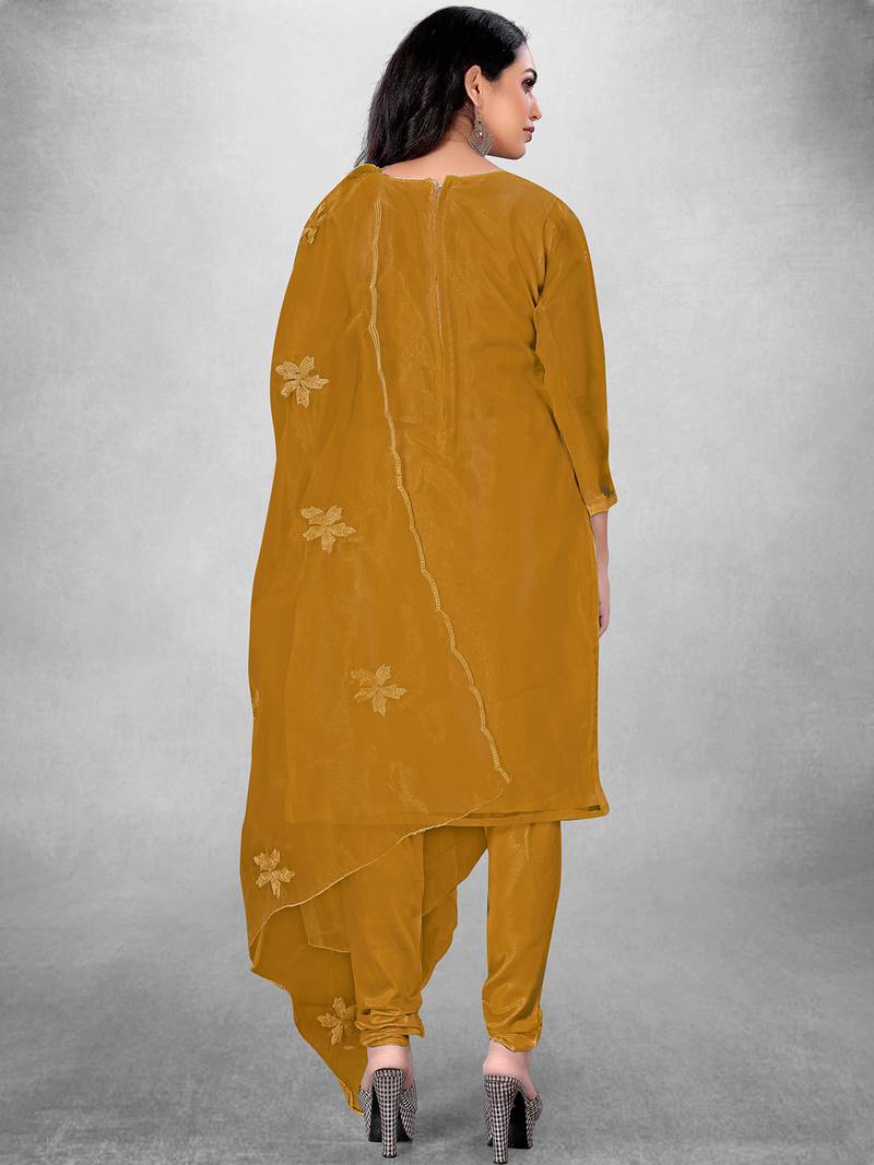 Yellow Organza Silk Floral Embroidered Suit Dress Material - Unstitched