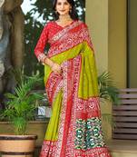 Olive Colour Designer Ikkat Pallu Saree With Embroidered Sequence Border & Foil Butties Blouse