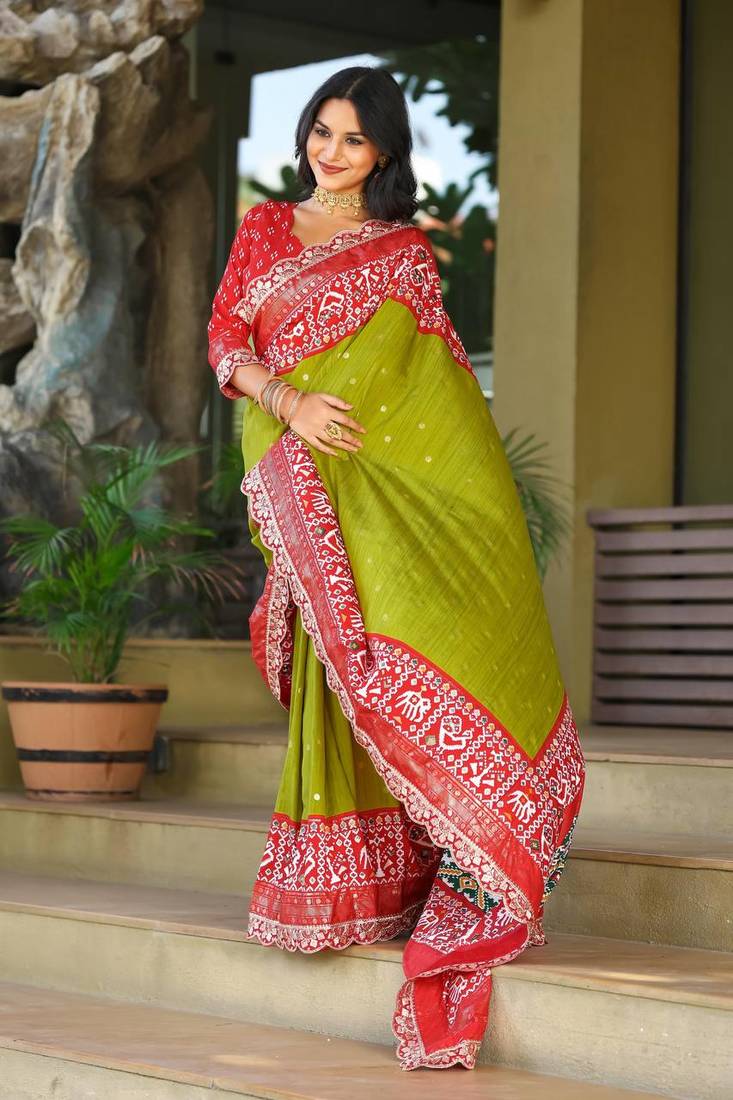 Olive Colour Designer Ikkat Pallu Saree With Embroidered Sequence Border & Foil Butties Blouse