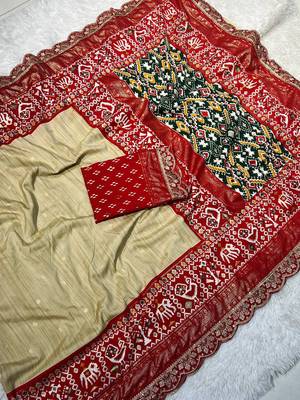 Chiku Colour Designer Ikkat Pallu Saree With Embroidered Sequence Border & Foil Butties Blouse 2