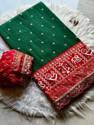 Green Colour Designer Ikkat Pallu Saree With Embroidered Sequence Border & Foil Butties Blouse 1
