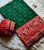 Green Colour Designer Ikkat Pallu Saree With Embroidered Sequence Border & Foil Butties Blouse