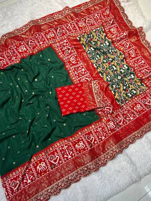 Green Colour Designer Ikkat Pallu Saree With Embroidered Sequence Border & Foil Butties Blouse 2