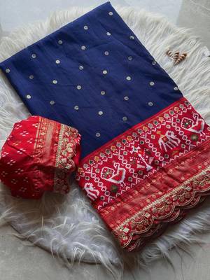 Blue Colour Designer Ikkat Pallu Saree With Embroidered Sequence Border & Foil Butties Blouse 1