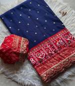 Blue Colour Designer Ikkat Pallu Saree With Embroidered Sequence Border & Foil Butties Blouse