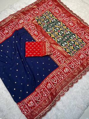 Blue Colour Designer Ikkat Pallu Saree With Embroidered Sequence Border & Foil Butties Blouse 2