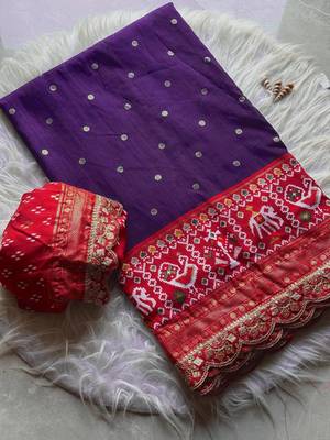 Purple Colour Designer Ikkat Pallu Saree With Embroidered Sequence Border & Foil Butties Blouse 1