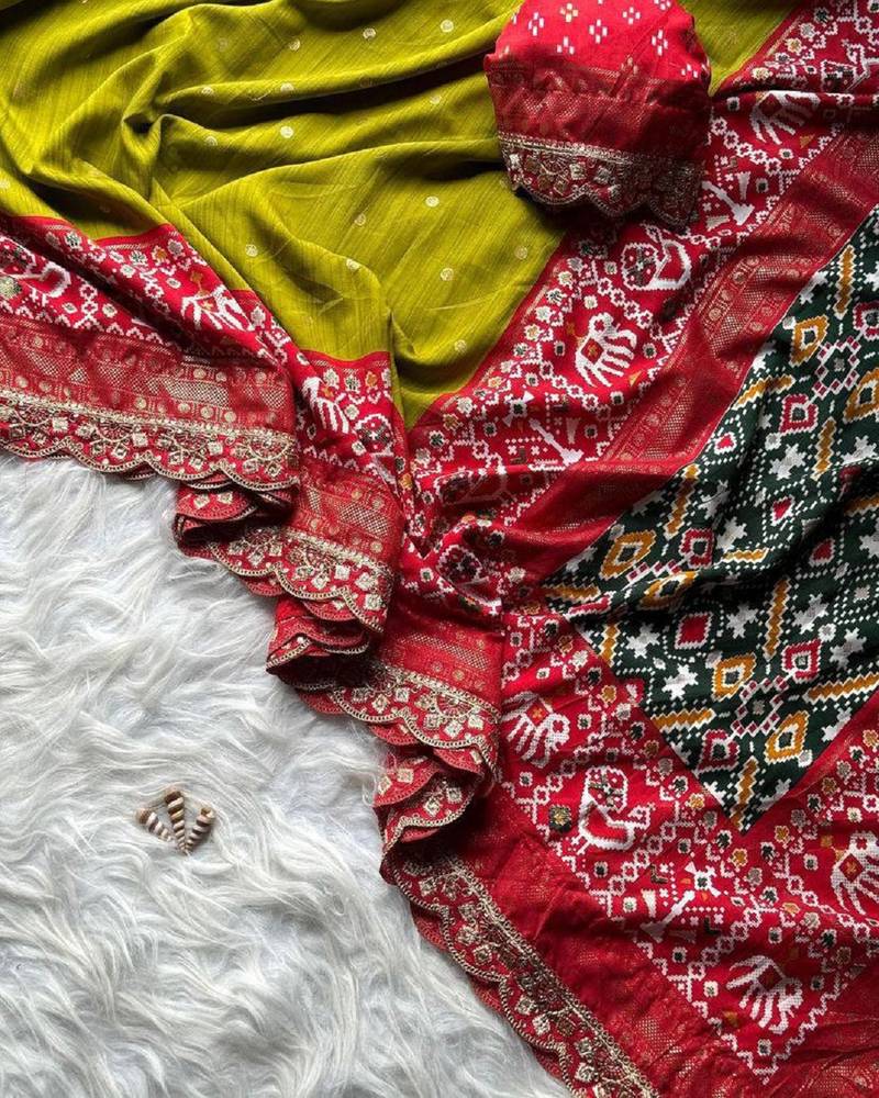 Olive Colour Designer Ikkat Pallu Saree With Embroidered Sequence Border & Foil Butties Blouse