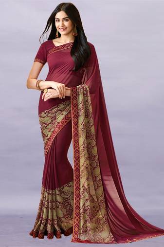 Maroon Adah Georegtte Geomatric Border All over Printed Lace Border Saree With Banglori Blouse