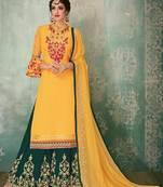 Yellow  embroidered georgette semi stitched straight palazzo suit.
