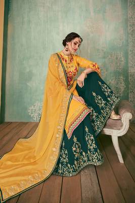 Yellow  embroidered georgette semi stitched straight palazzo suit. 3