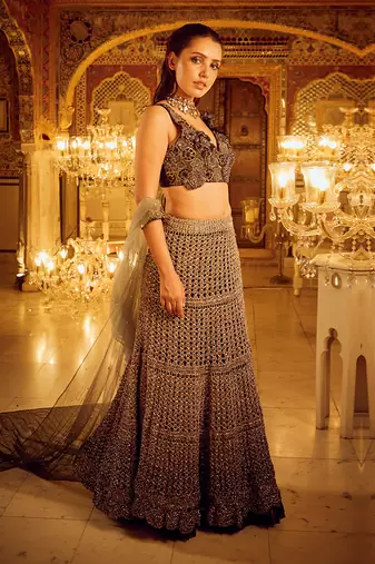 Black and Ombre silk organza embroidery Lehenga Set