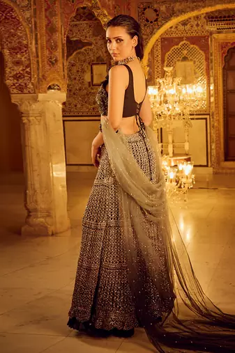 Black and Ombre silk organza embroidery Lehenga Set