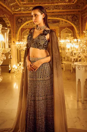 Black and Ombre silk organza embroidery Lehenga Set