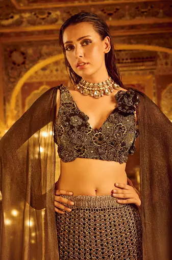 Black and Ombre silk organza embroidery Lehenga Set