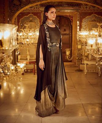 Black and cowl dress with cape 2