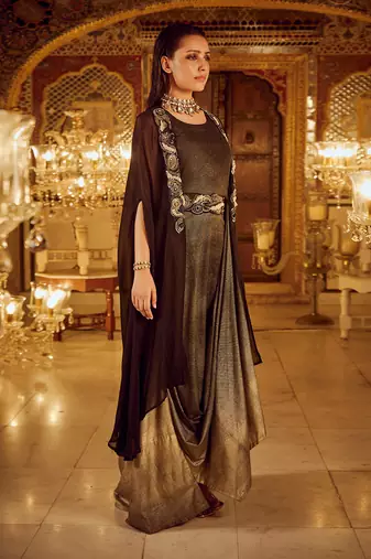 Black and cowl dress with cape