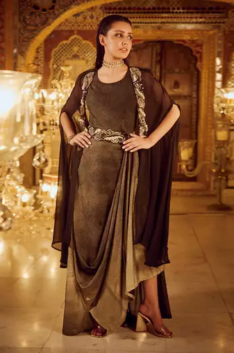 Black and cowl dress with cape
