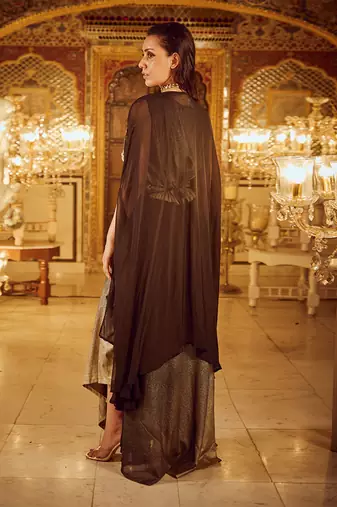Black and cowl dress with cape