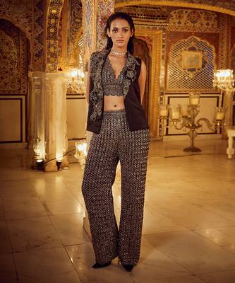 Black mesh bralette pant with blazer 1