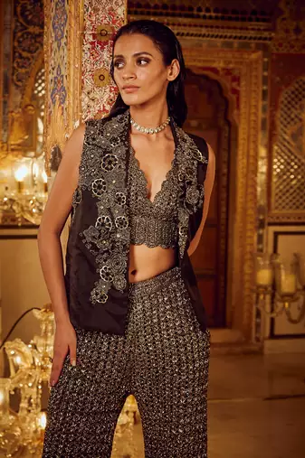 Black mesh bralette pant with blazer