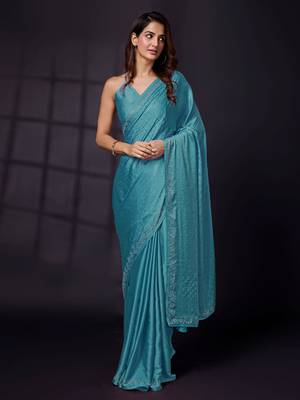 Soft Satin Silk and Sirowaski Work Indian Bollywood Saree with Unstitched Blouse Piece for Women  1