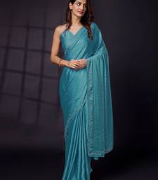 Soft Satin Silk and Sirowaski Work Indian Bollywood Saree with Unstitched Blouse Piece for Women 