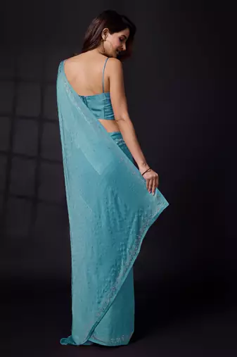 Trendmalls Soft Satin Silk and Sirowaski Work Indian Bollywood Saree with Unstitched Blouse Piece for Women 