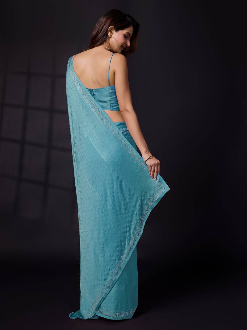 Soft Satin Silk and Sirowaski Work Indian Bollywood Saree with Unstitched Blouse Piece for Women 