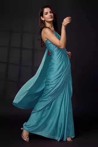 Trendmalls Soft Satin Silk and Sirowaski Work Indian Bollywood Saree with Unstitched Blouse Piece for Women 