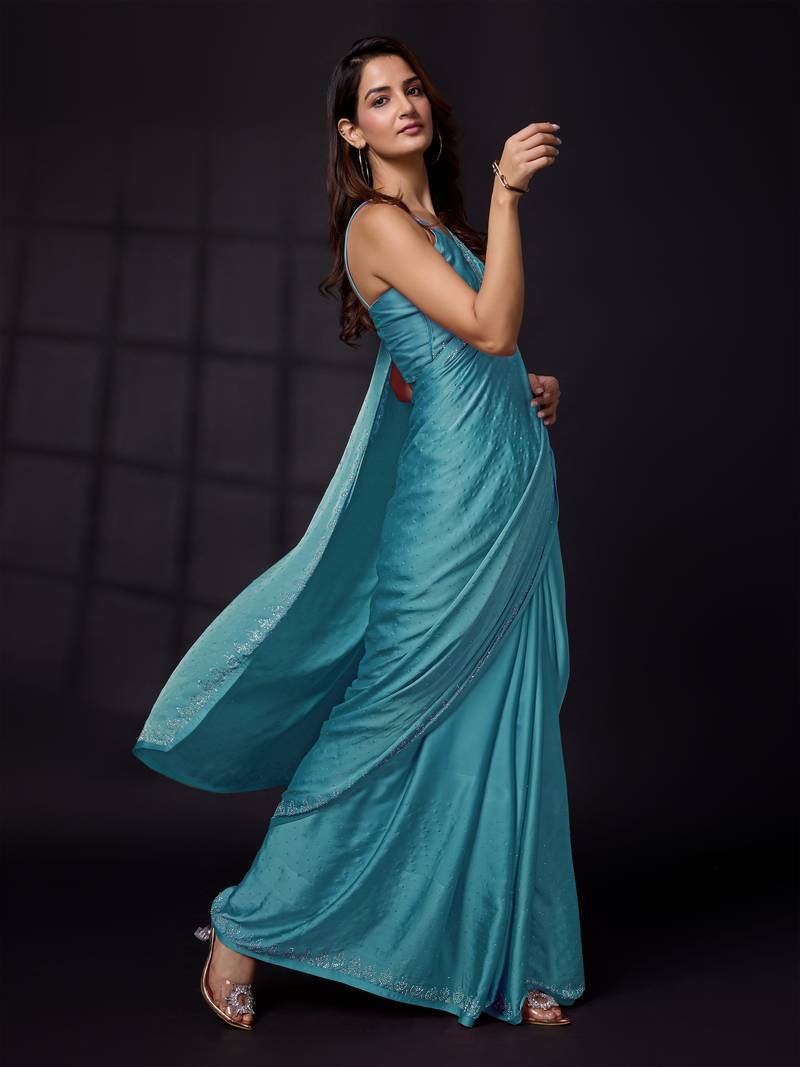 Soft Satin Silk and Sirowaski Work Indian Bollywood Saree with Unstitched Blouse Piece for Women 