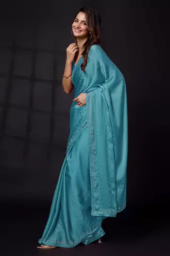Trendmalls Soft Satin Silk and Sirowaski Work Indian Bollywood Saree with Unstitched Blouse Piece for Women 