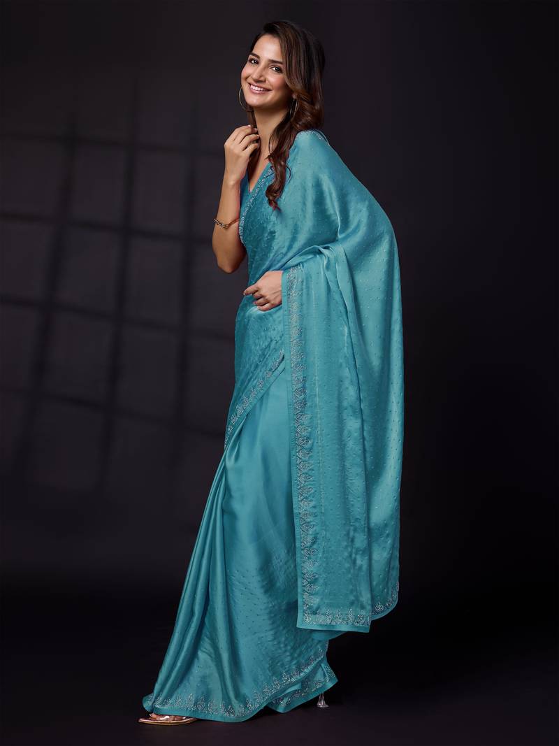 Soft Satin Silk and Sirowaski Work Indian Bollywood Saree with Unstitched Blouse Piece for Women 