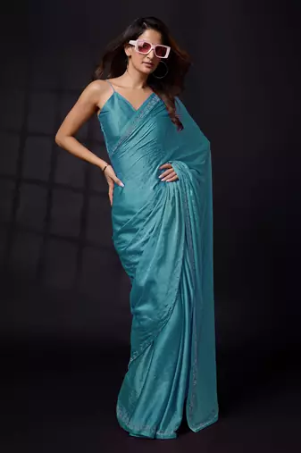 Trendmalls Soft Satin Silk and Sirowaski Work Indian Bollywood Saree with Unstitched Blouse Piece for Women 