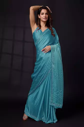 Trendmalls Soft Satin Silk and Sirowaski Work Indian Bollywood Saree with Unstitched Blouse Piece for Women 