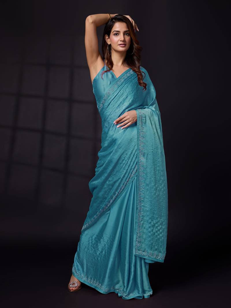 Soft Satin Silk and Sirowaski Work Indian Bollywood Saree with Unstitched Blouse Piece for Women 