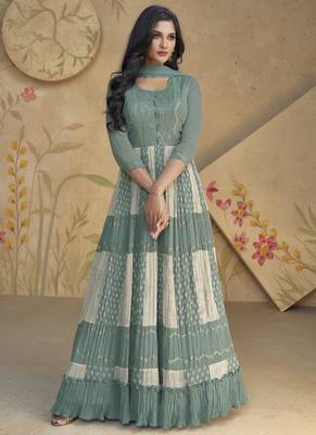 Grey real georgette embroidered anarkali suit 1