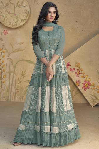 Grey real georgette embroidered anarkali suit