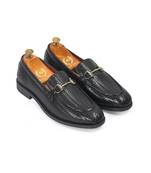 Black italian cut textured buckle slipons