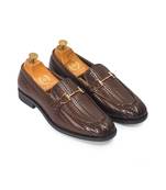 Brown italian cut textured buckle slipons