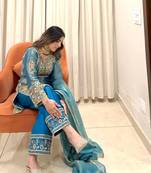 Sk Blue Colour Jimi Chu Silk Designer Punjabi Pant Suit Set