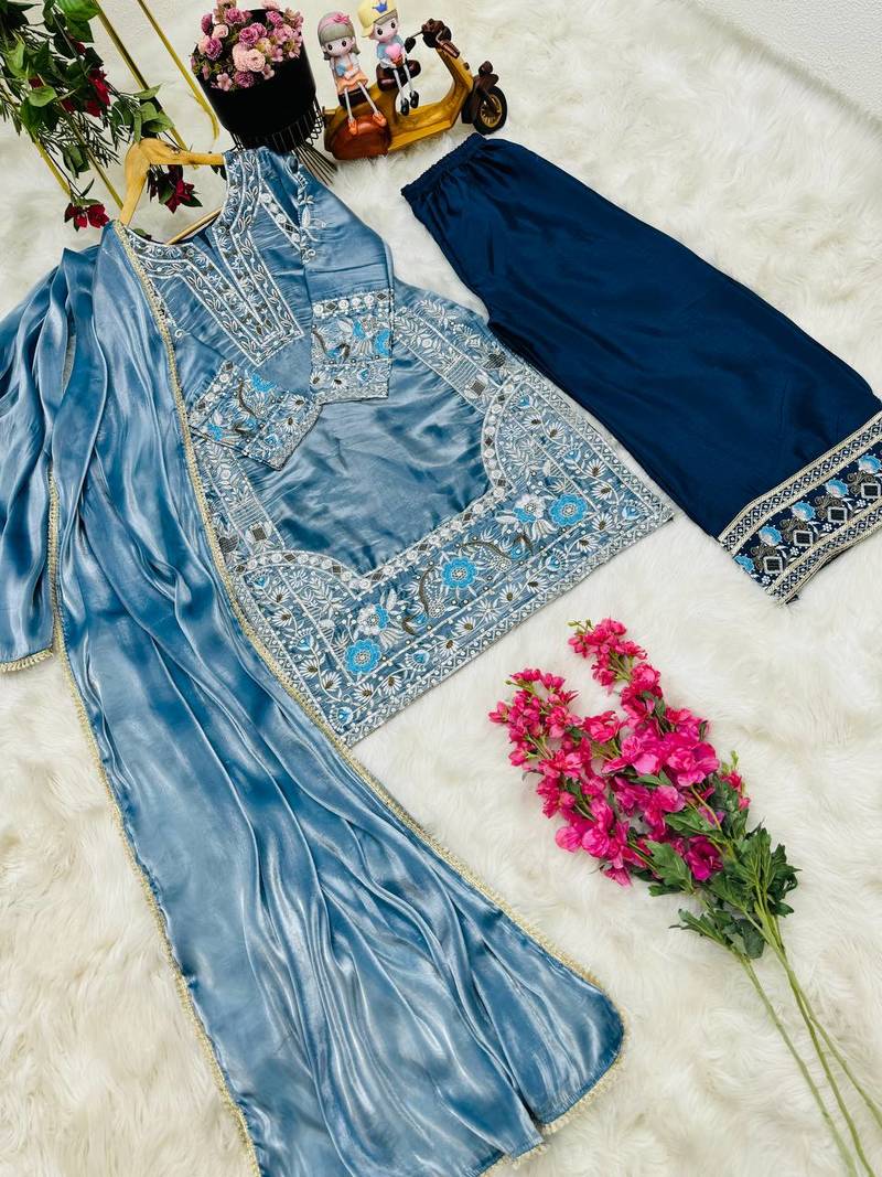 Sk Blue Colour Jimi Chu Silk Designer Punjabi Pant Suit Set