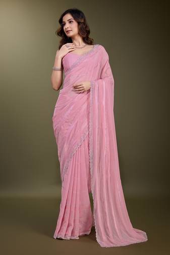  Chiffon Siroski work Cut work border Saree with Unstitch Blouse Piece