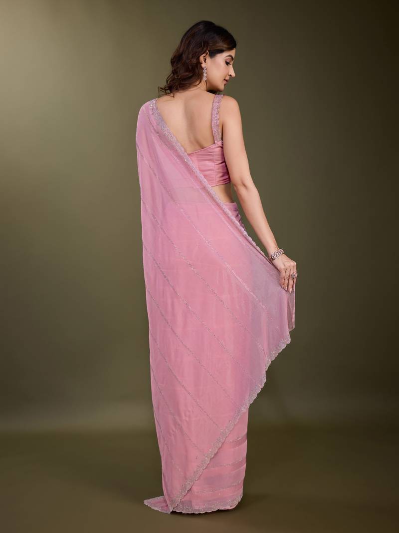 Trendmalls  Chiffon Siroski work Cut work border Saree with Unstitch Blouse Piece