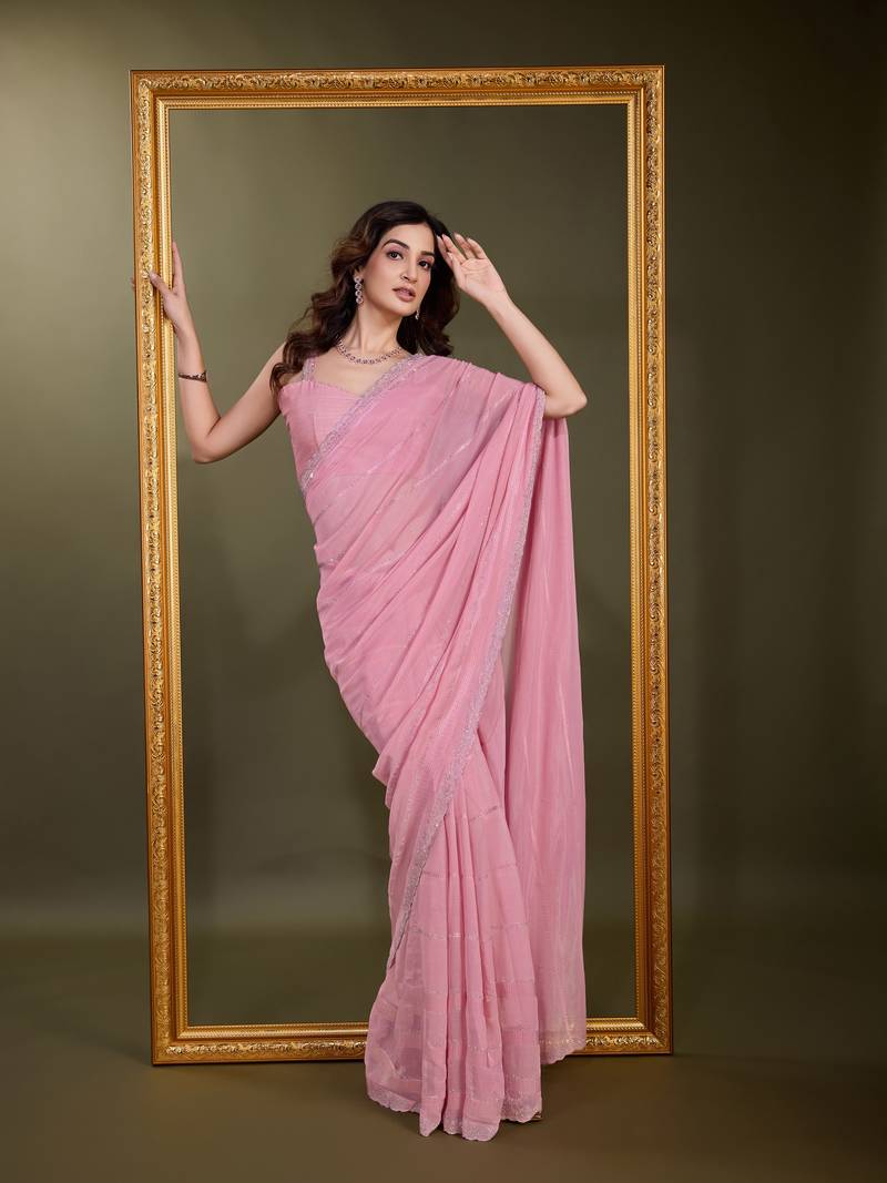Trendmalls  Chiffon Siroski work Cut work border Saree with Unstitch Blouse Piece