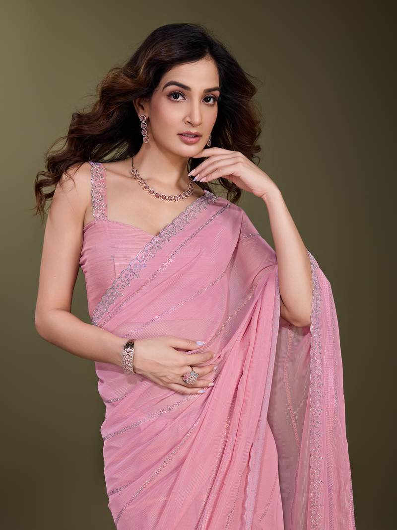 Trendmalls  Chiffon Siroski work Cut work border Saree with Unstitch Blouse Piece