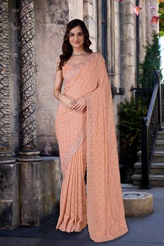 Orange art Silk Thread Embroidery Work Saree for Women