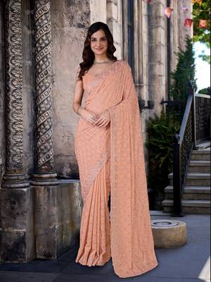 Orange art Silk Thread Embroidery Work Saree for Women 1