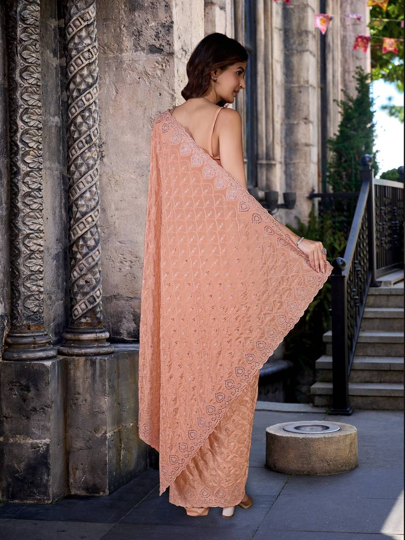 Orange art Silk Thread Embroidery Work Saree for Women