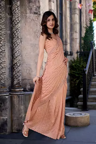 Trendmalls Orange art Silk Thread Embroidery Work Saree for Women